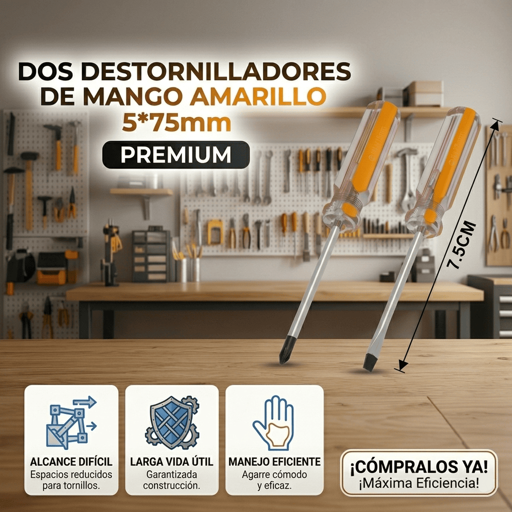 Dos Destornilladores de Mango Amarillo 5*75mm Dos destornilladores de mango amarillo 5*75mm