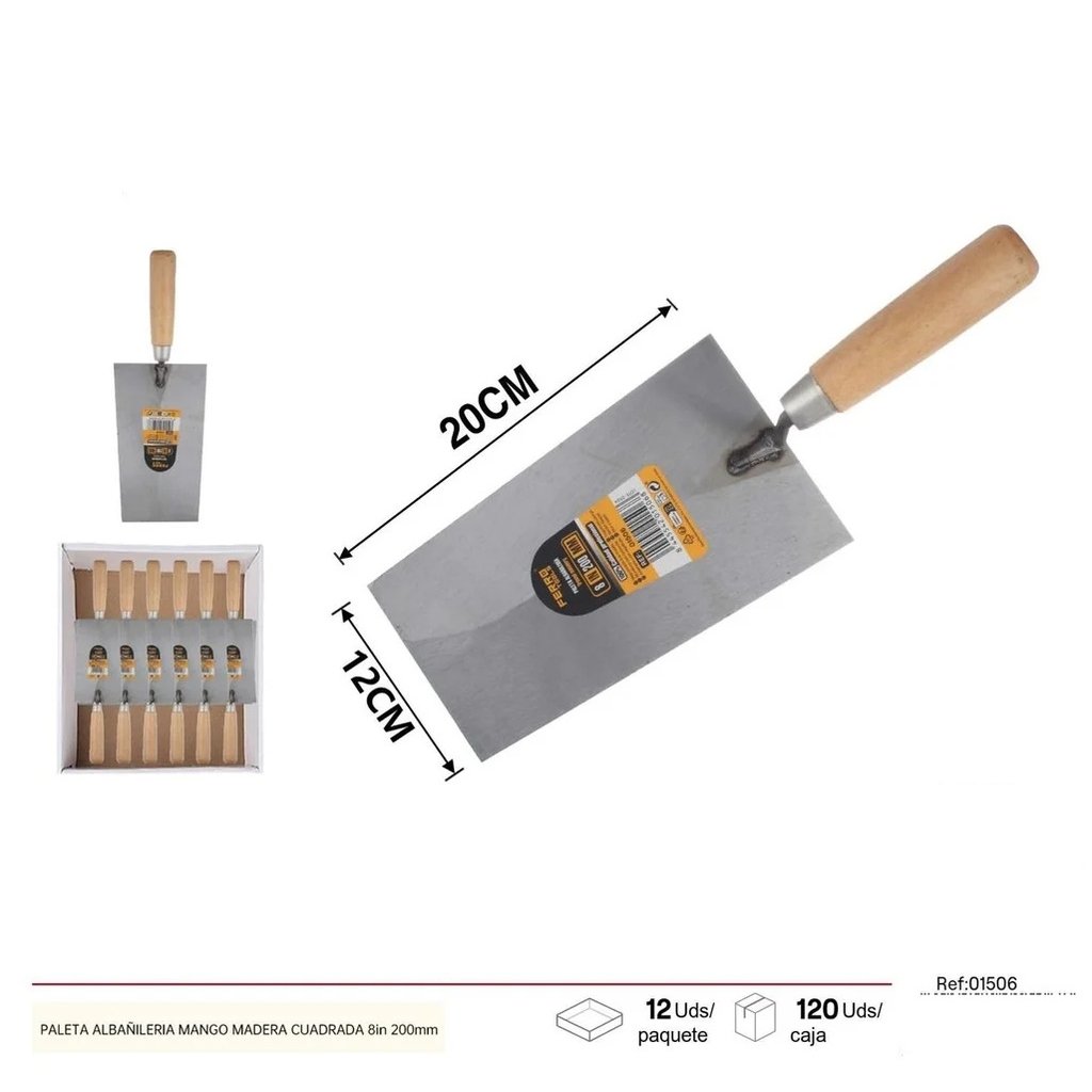 Paleta albañileria mango madera cuadrada 8in / 200mm Telcoges Ferretería Online