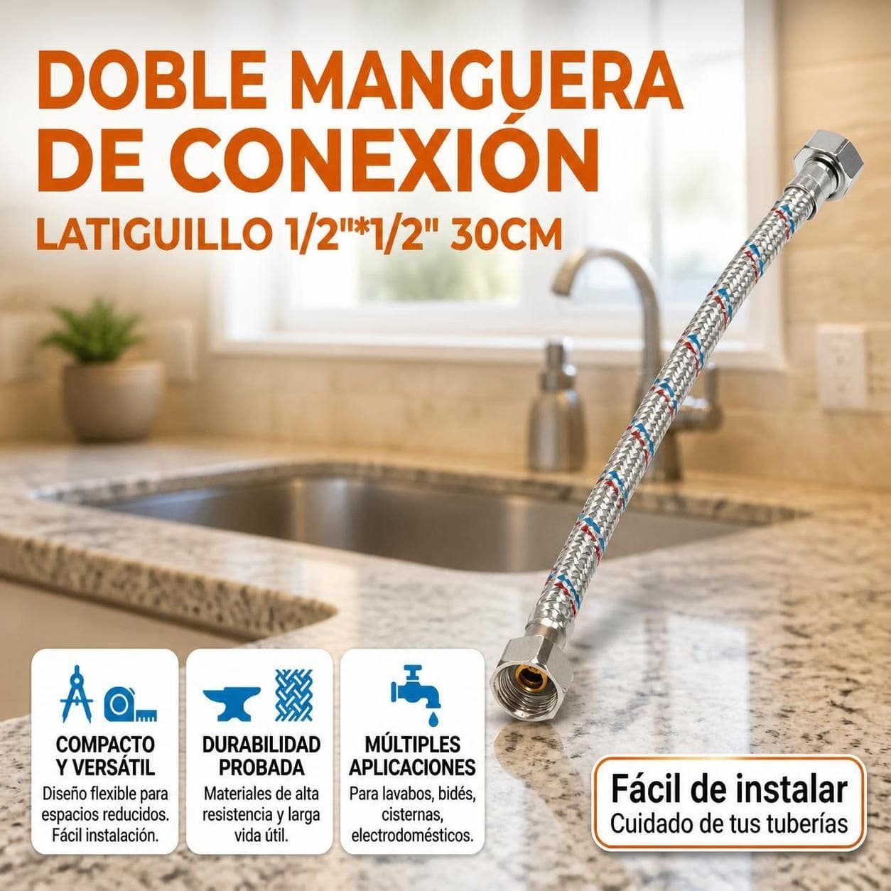 Doble manguera de conexión latiguillo 1/2*1/2 30cm Telcoges Ferretería Online