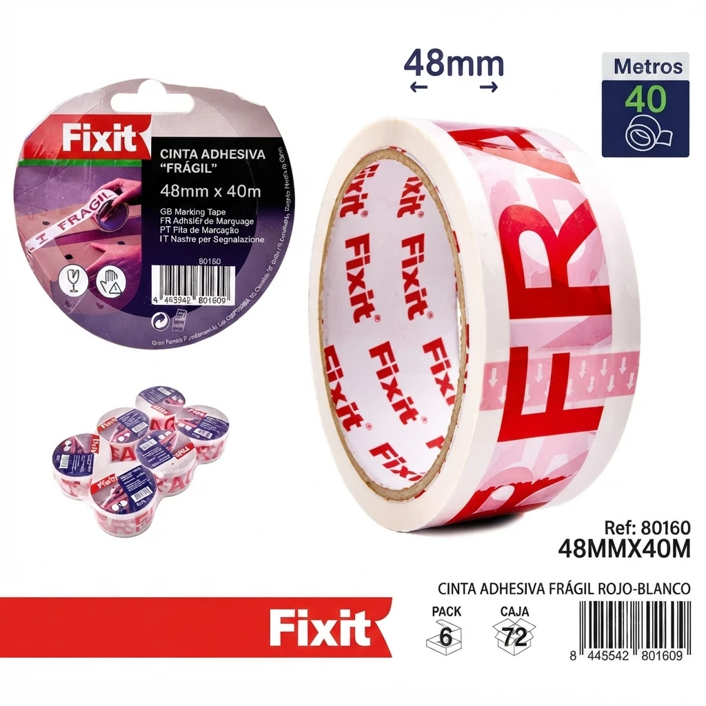 Caja 24uds - Cinta fragil roja y blanca 48mm x 40m - Telcoges Ferretería Online
