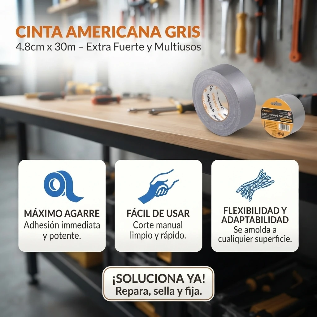 Cinta Americana Gris 4.8cm x 30m Extra Fuerte y Multiusos Banner Telcoges Ferretería Online