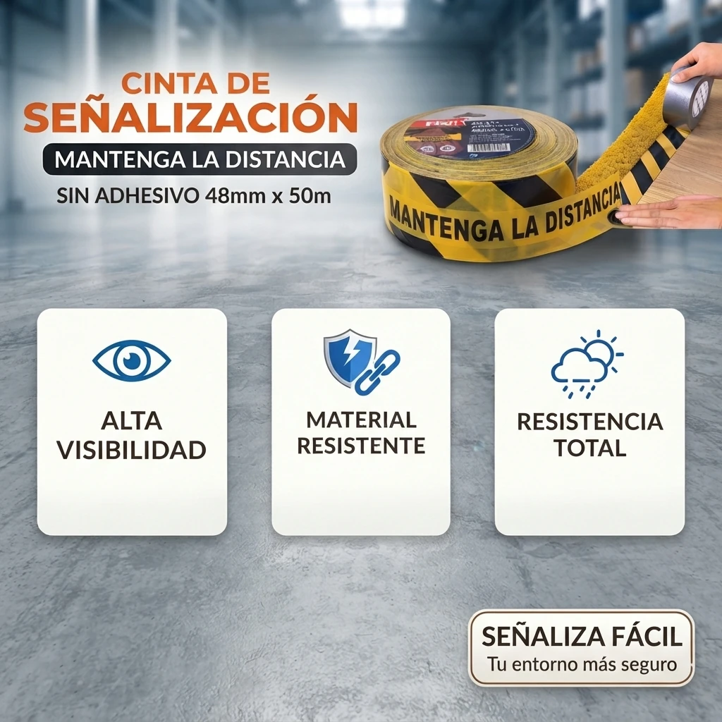 Cinta de señalización "Mantenga la distancia" sin adhesivo 48mmx50m para seguridad - Imagen 2