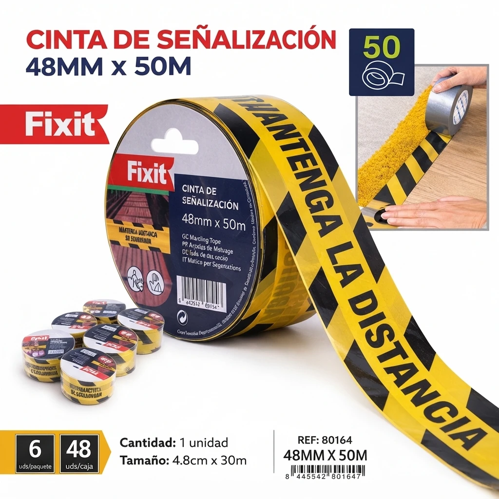 Cinta de señalización "Mantenga la distancia" sin adhesivo 48mmx50m para seguridad Telcoges Ferretería Online