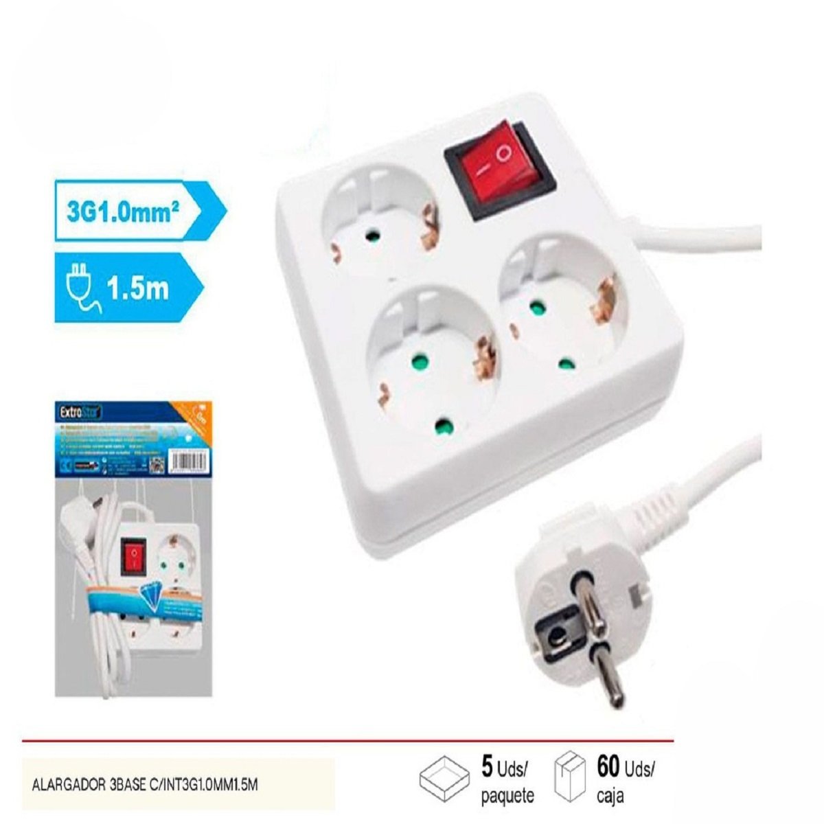 Regleta con 3 Bases y Cable 1.5m ferreteria Telcoges