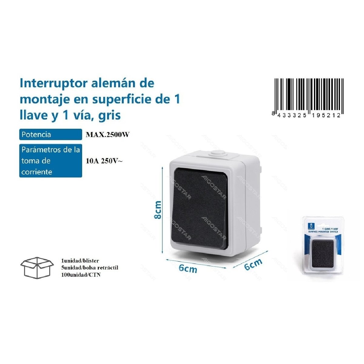 Interruptor Aleman gris de superficie de 1 tecla y 1 via